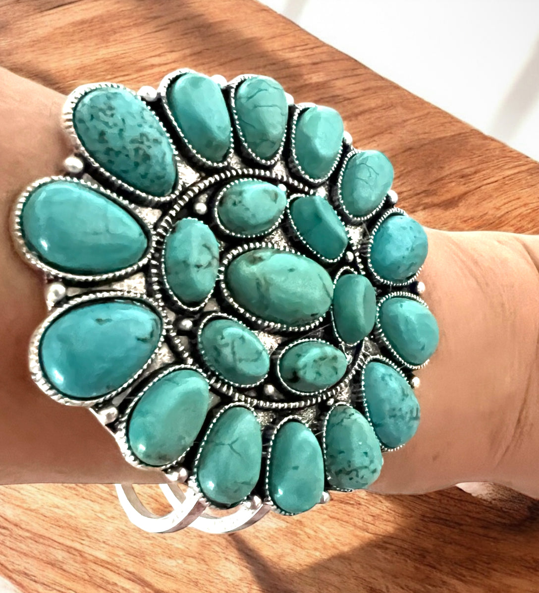 Big! Navajo Turquoise Split Shank Cuff Bracelet, Western Boho Statement Jewelry, Antique Silver Plate Adjustable Cuff 710633