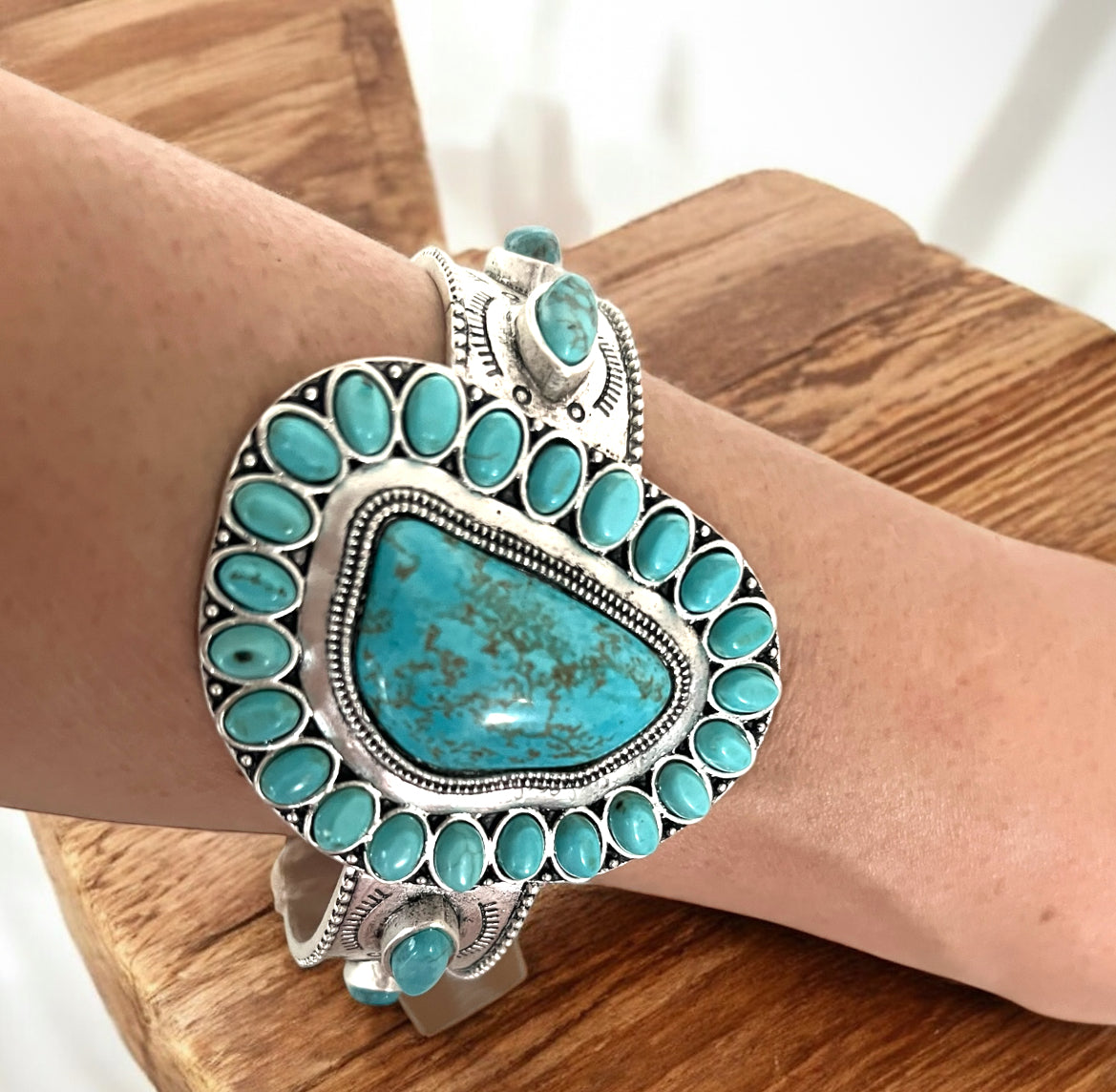 Big! Navajo Turquoise "C" Cuff Bracelet, Western Boho Statement Jewelry, Antique Silver Plate, Non-Adjustable 711234
