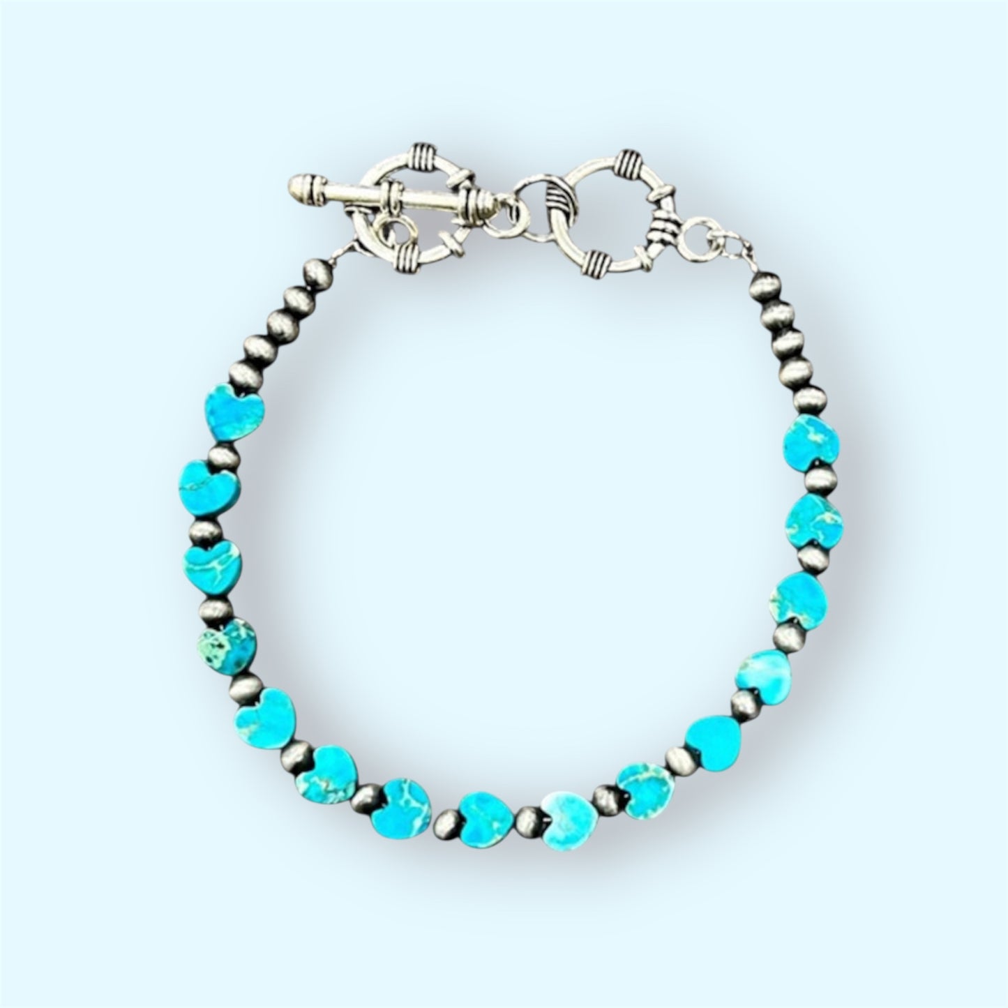 Handmade Adjustable Bracelet – 6mm Heart Gemstone & 4mm Navajo Beads, 7" + 2 Toggles, Lightweight, Hypoallergenic 711471