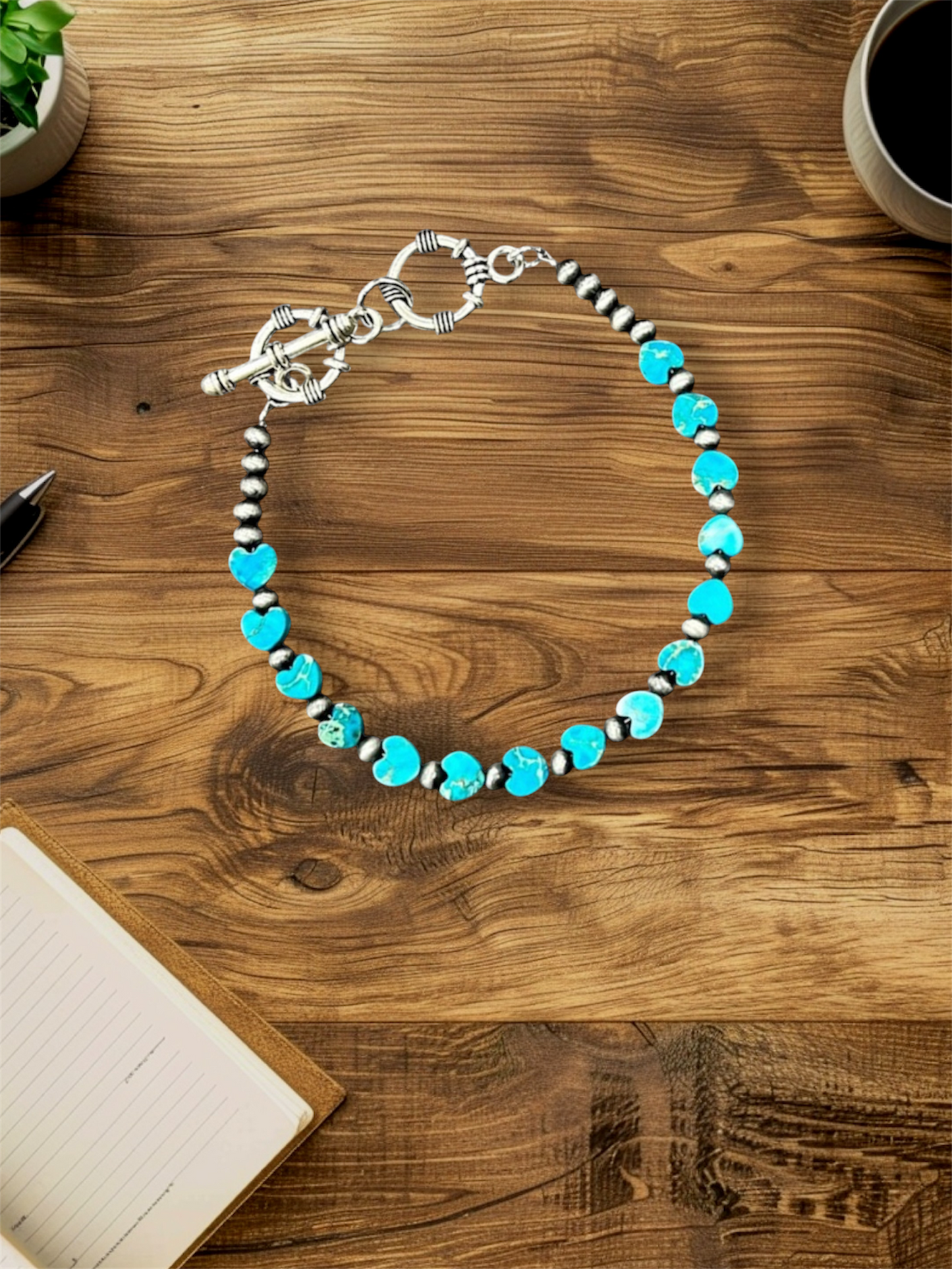 Handmade Adjustable Bracelet – 6mm Heart Gemstone & 4mm Navajo Beads, 7" + 2 Toggles, Lightweight, Hypoallergenic 711471