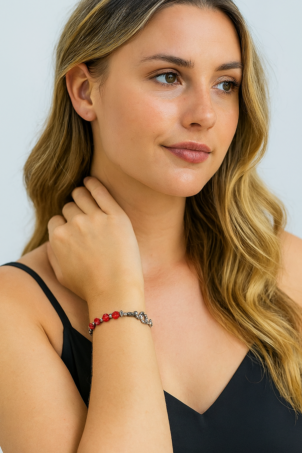 Handmade Adjustable Bracelet – 6mm Heart Gemstone & 4mm Navajo Beads, Natural Stone, 7" + 2 Toggles, Lightweight, Western Style 939091