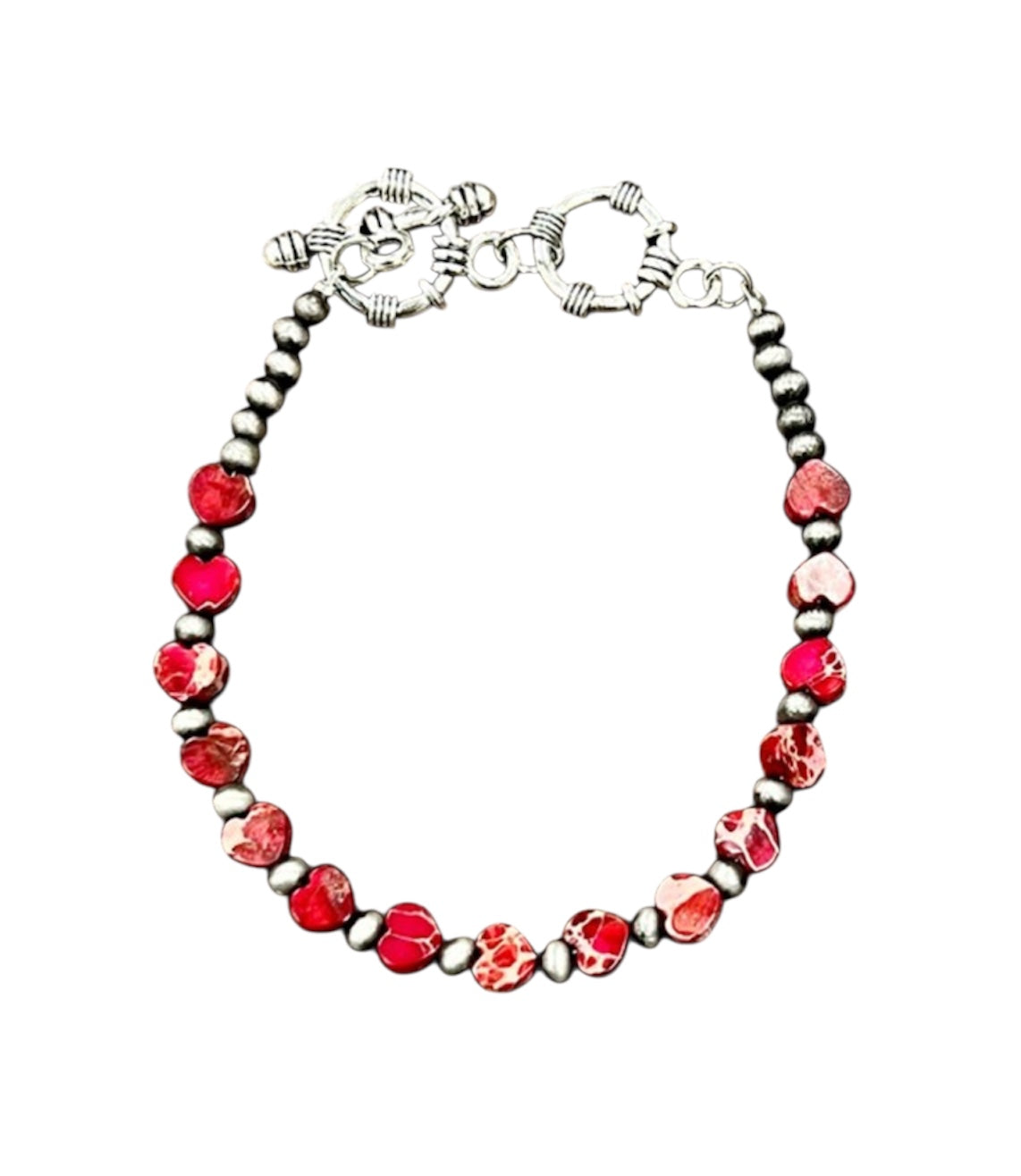 Handmade Adjustable Bracelet – 6mm Heart Gemstone & 4mm Navajo Beads, Natural Stone, 7" + 2 Toggles, Lightweight, Western Style 939091