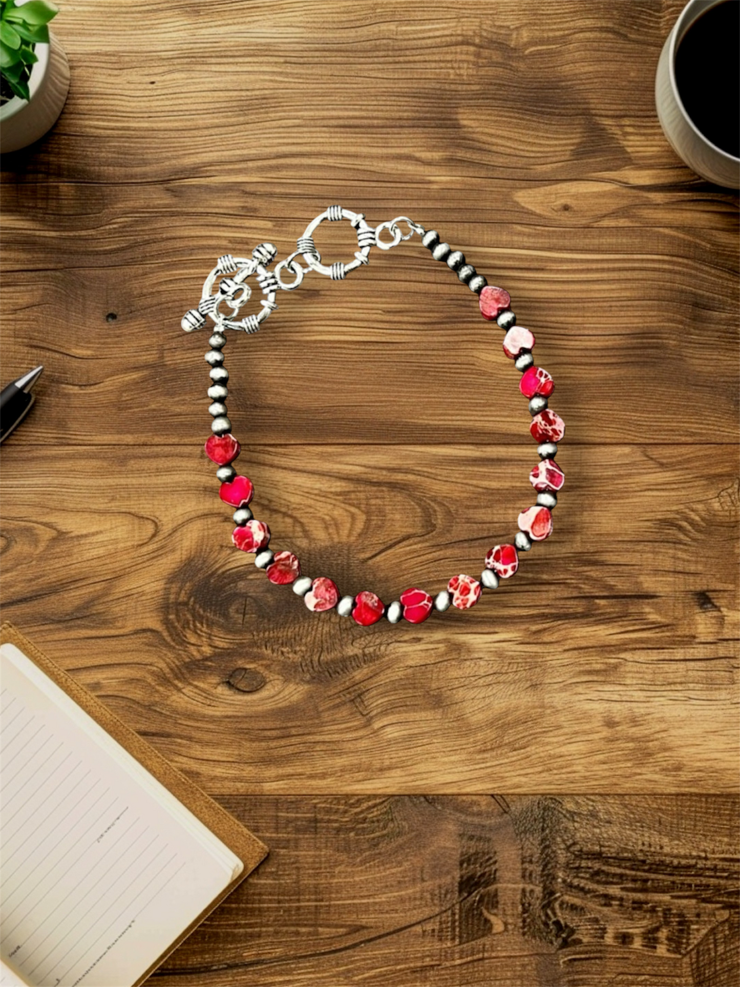 Handmade Adjustable Bracelet – 6mm Heart Gemstone & 4mm Navajo Beads, Natural Stone, 7" + 2 Toggles, Lightweight, Western Style 939091