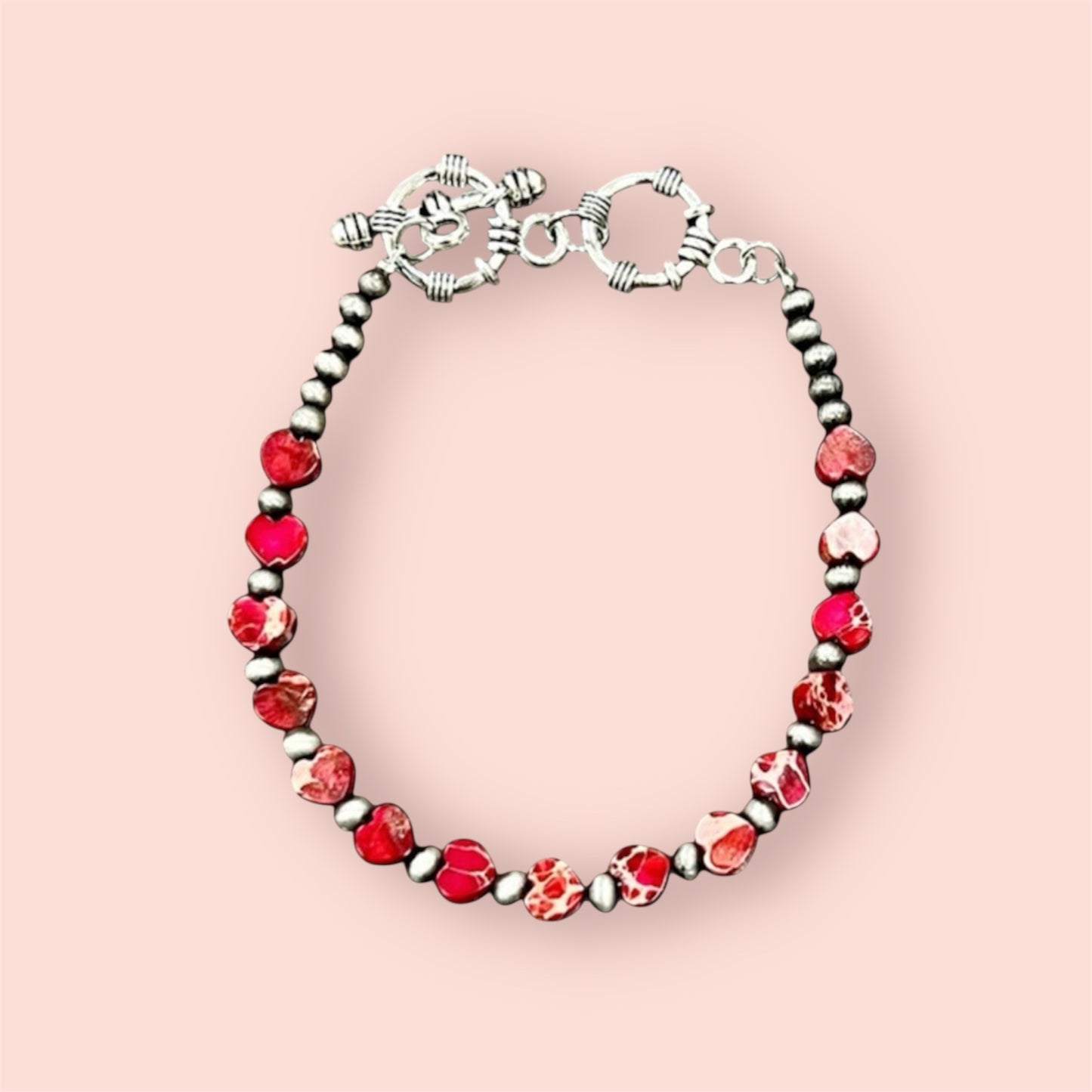 Handmade Adjustable Bracelet – 6mm Heart Gemstone & 4mm Navajo Beads, Natural Stone, 7" + 2 Toggles, Lightweight, Western Style 939091