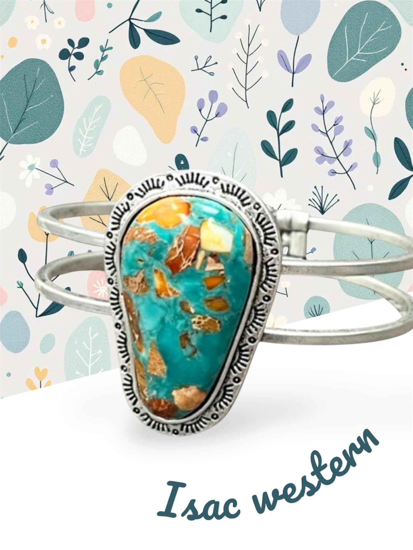 Gemstone Brass Split Shank Cuff Bracelet – 1.7" Natural Stone, Antique Silver Plated, Western Jewelry 711649