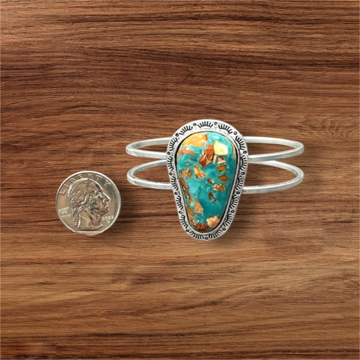 Gemstone Brass Split Shank Cuff Bracelet – 1.7" Natural Stone, Antique Silver Plated, Western Jewelry 711649
