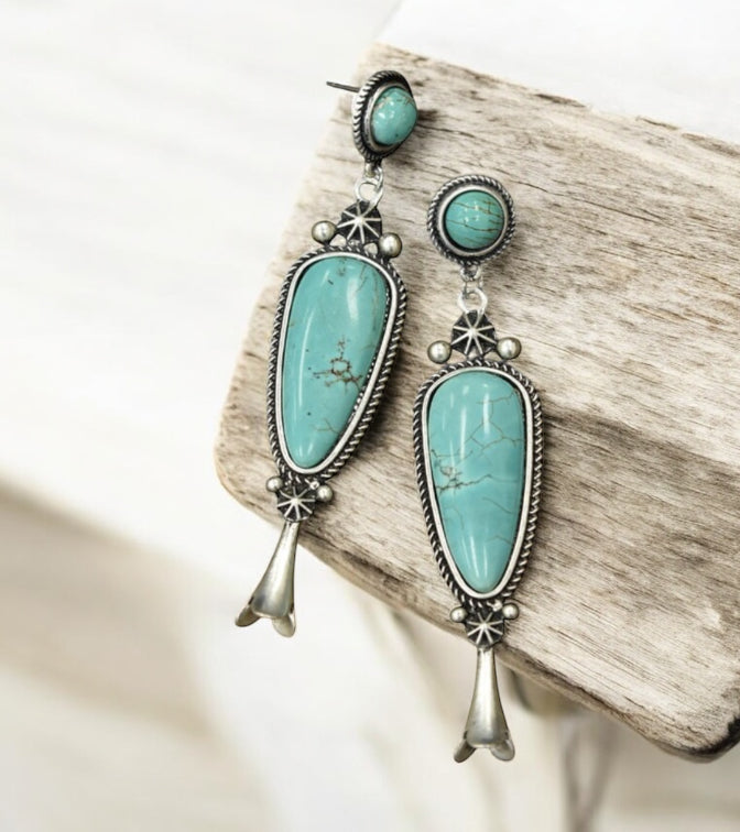 3.7" Long Squash Blossom Turquoise Post Earrings 720858