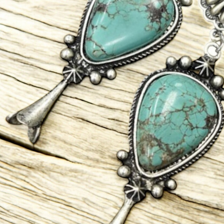 Big! 3.7" Long Squash Blossom Turquoise Brass Earrings 720862