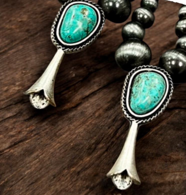 Handmade Graduated Navajo Bead Squash Blossom Turquoise Post Earrings 723429