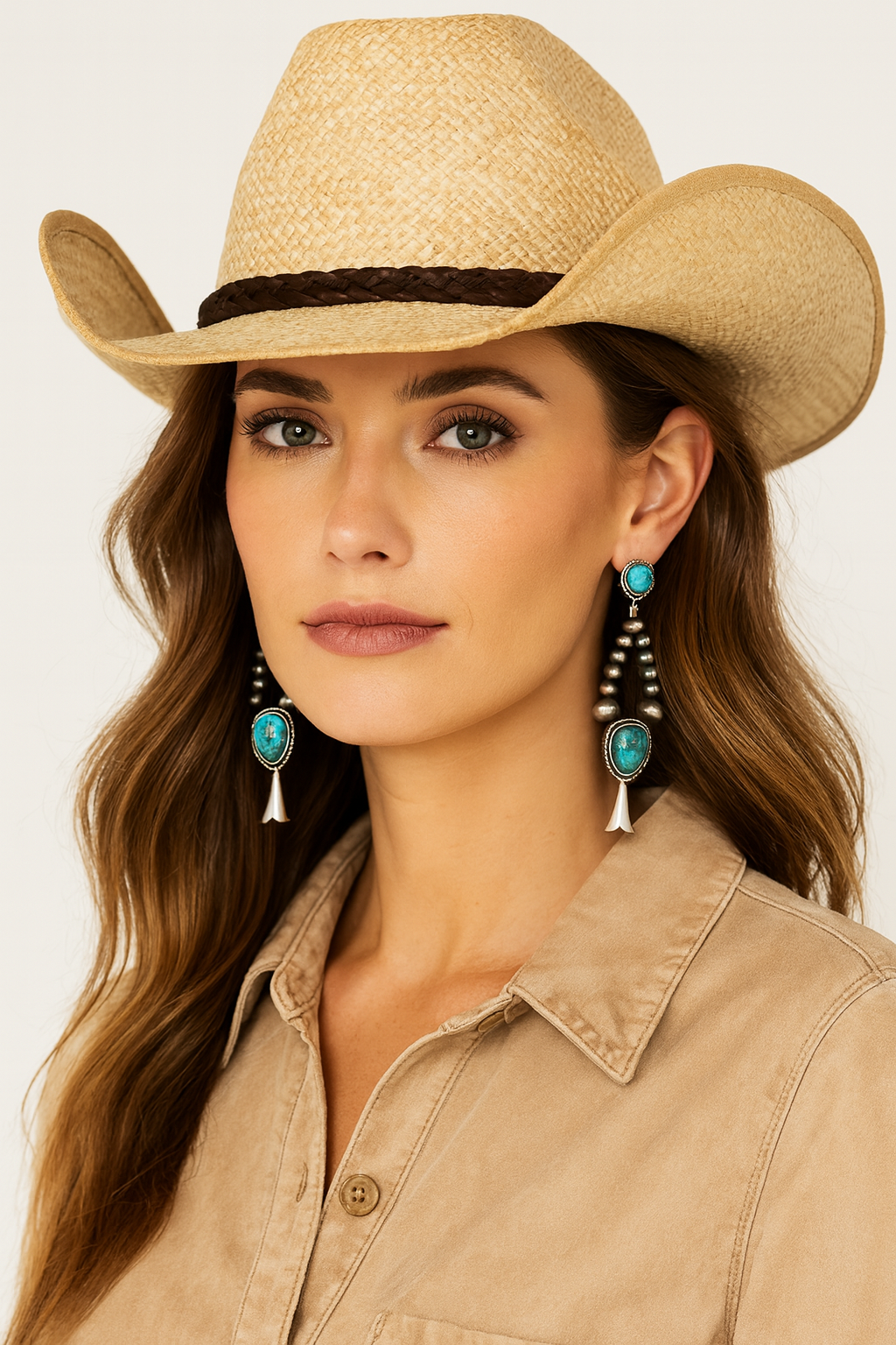 Handmade Graduated Navajo Bead Squash Blossom Turquoise Post Earrings 723429