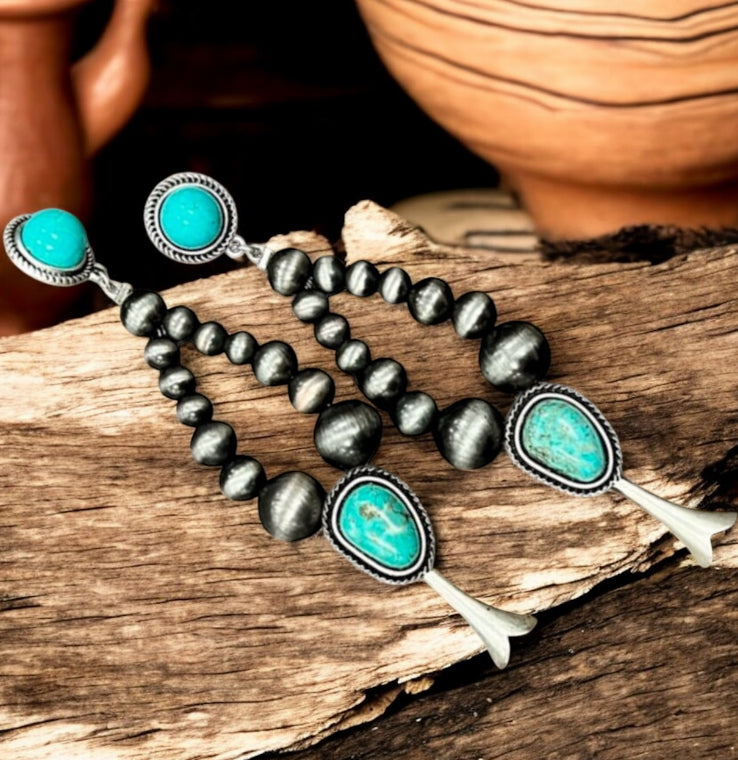Handmade Graduated Navajo Bead Squash Blossom Turquoise Post Earrings 723429