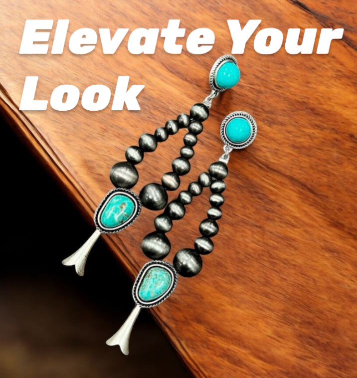 Handmade Graduated Navajo Bead Squash Blossom Turquoise Post Earrings 723429