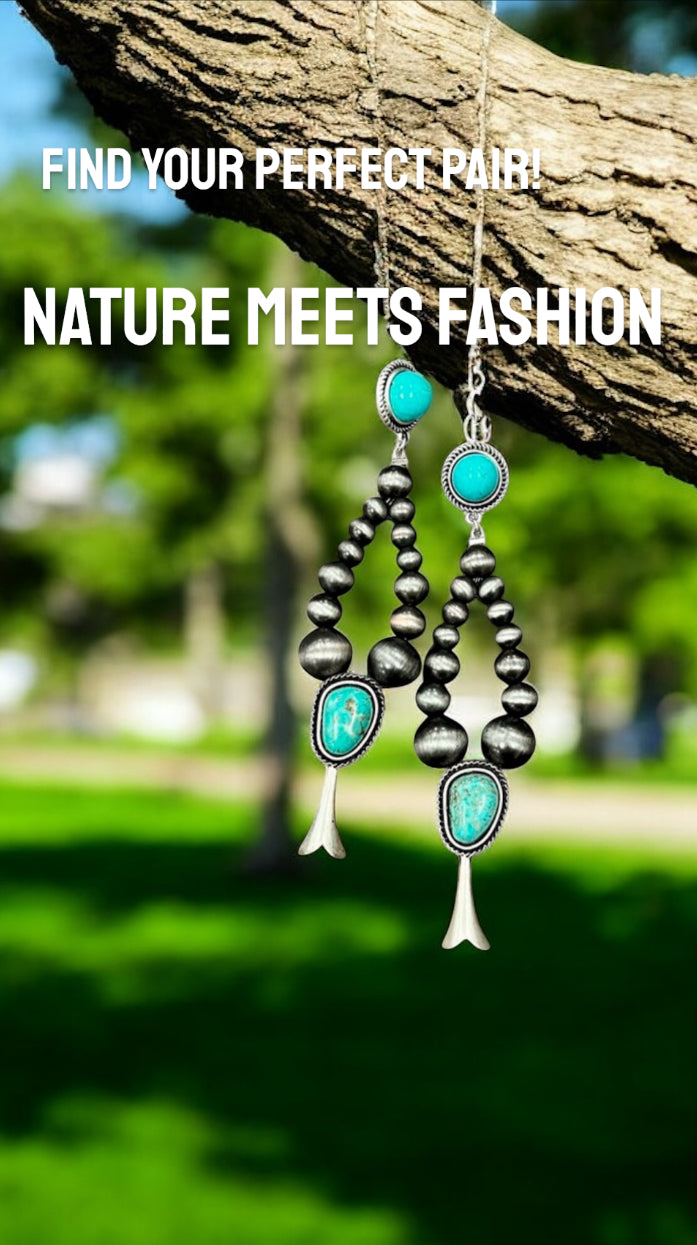 Handmade Graduated Navajo Bead Squash Blossom Turquoise Post Earrings 723429