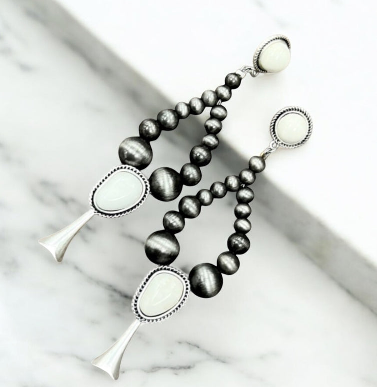 Handmade Graduated Navajo Bead Squash Blossom White Turquoise Post Earrings 723430