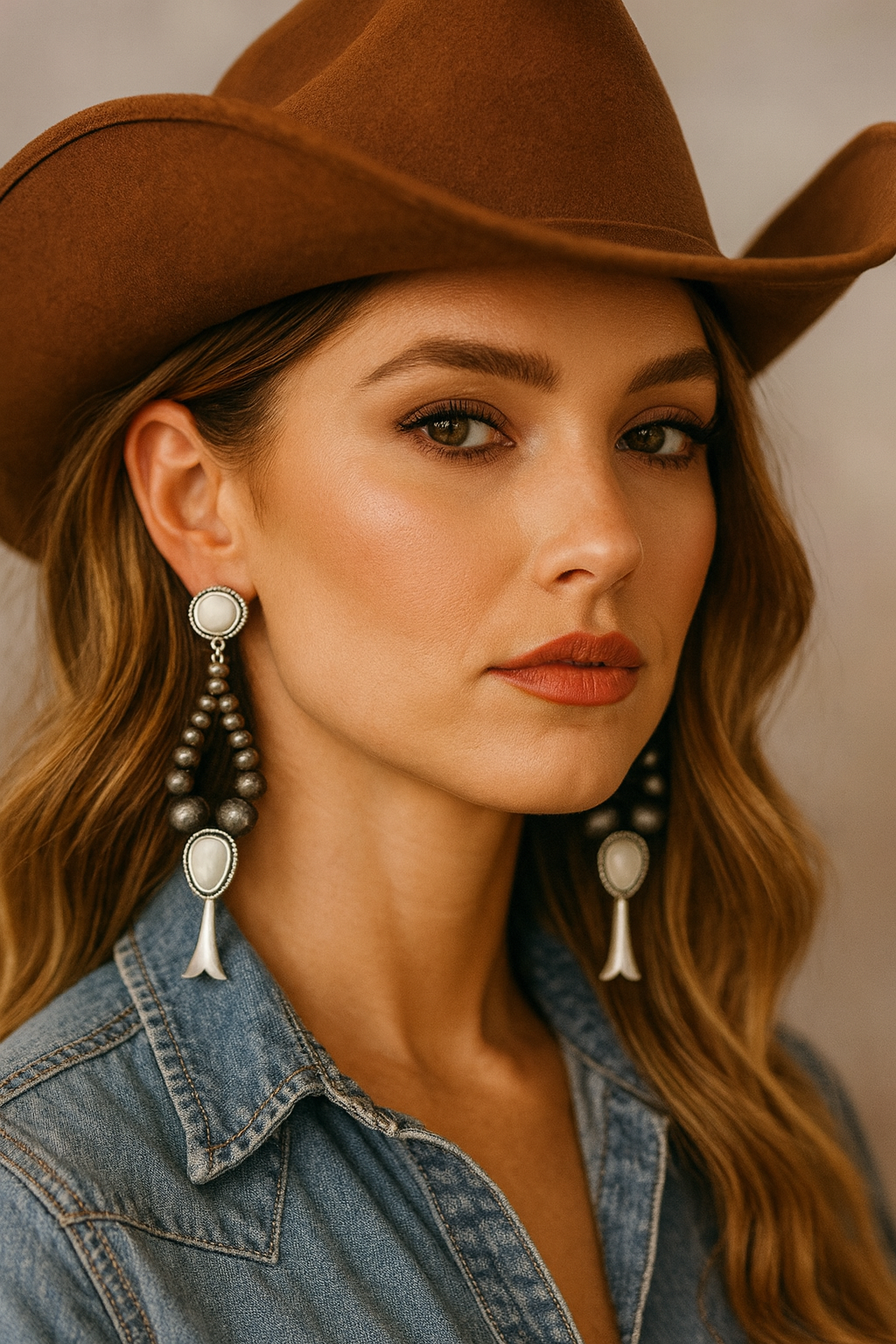 Handmade Graduated Navajo Bead Squash Blossom White Turquoise Post Earrings 723430