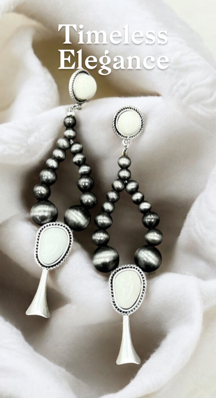 Handmade Graduated Navajo Bead Squash Blossom White Turquoise Post Earrings 723430