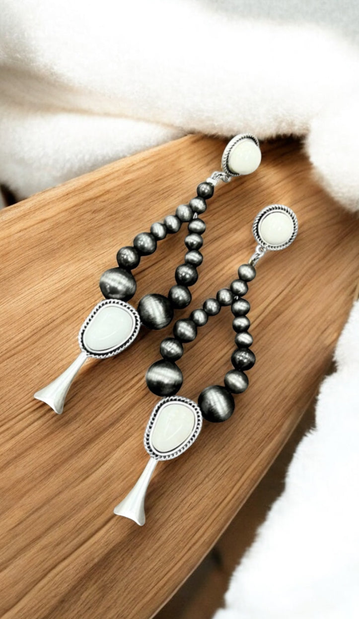 Handmade Graduated Navajo Bead Squash Blossom White Turquoise Post Earrings 723430
