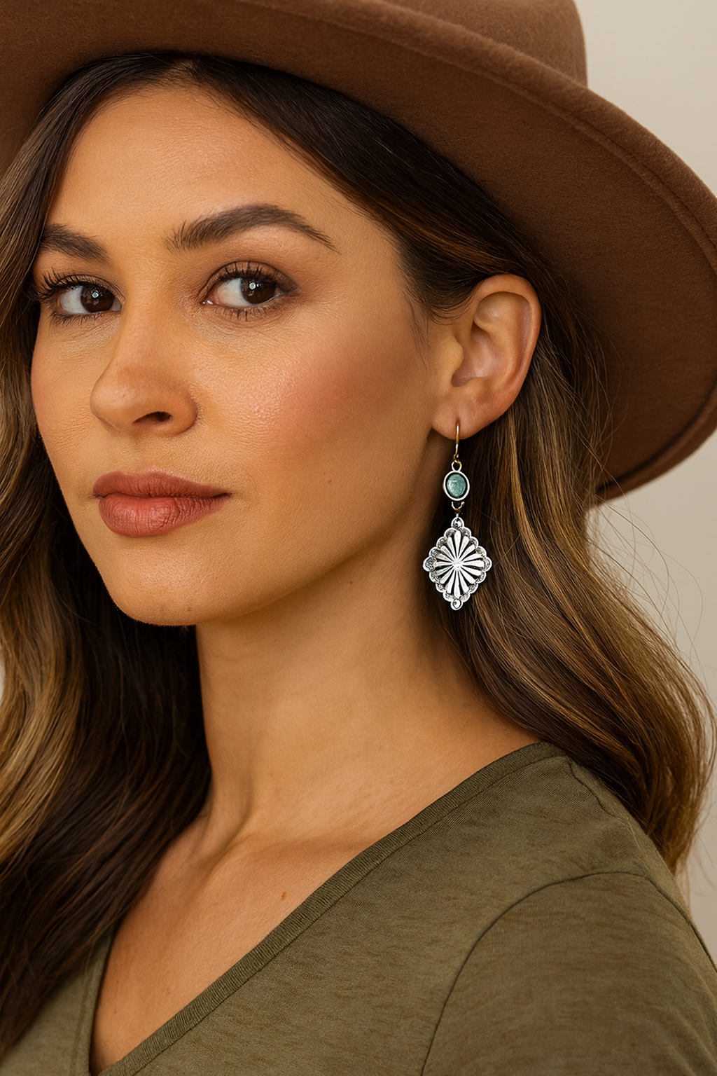 1.5" Brass Concho & Turquoise Earrings, Western Dangle Earrings, Lightweight Natural Stone 724976Jewelry, Fish Hook Style