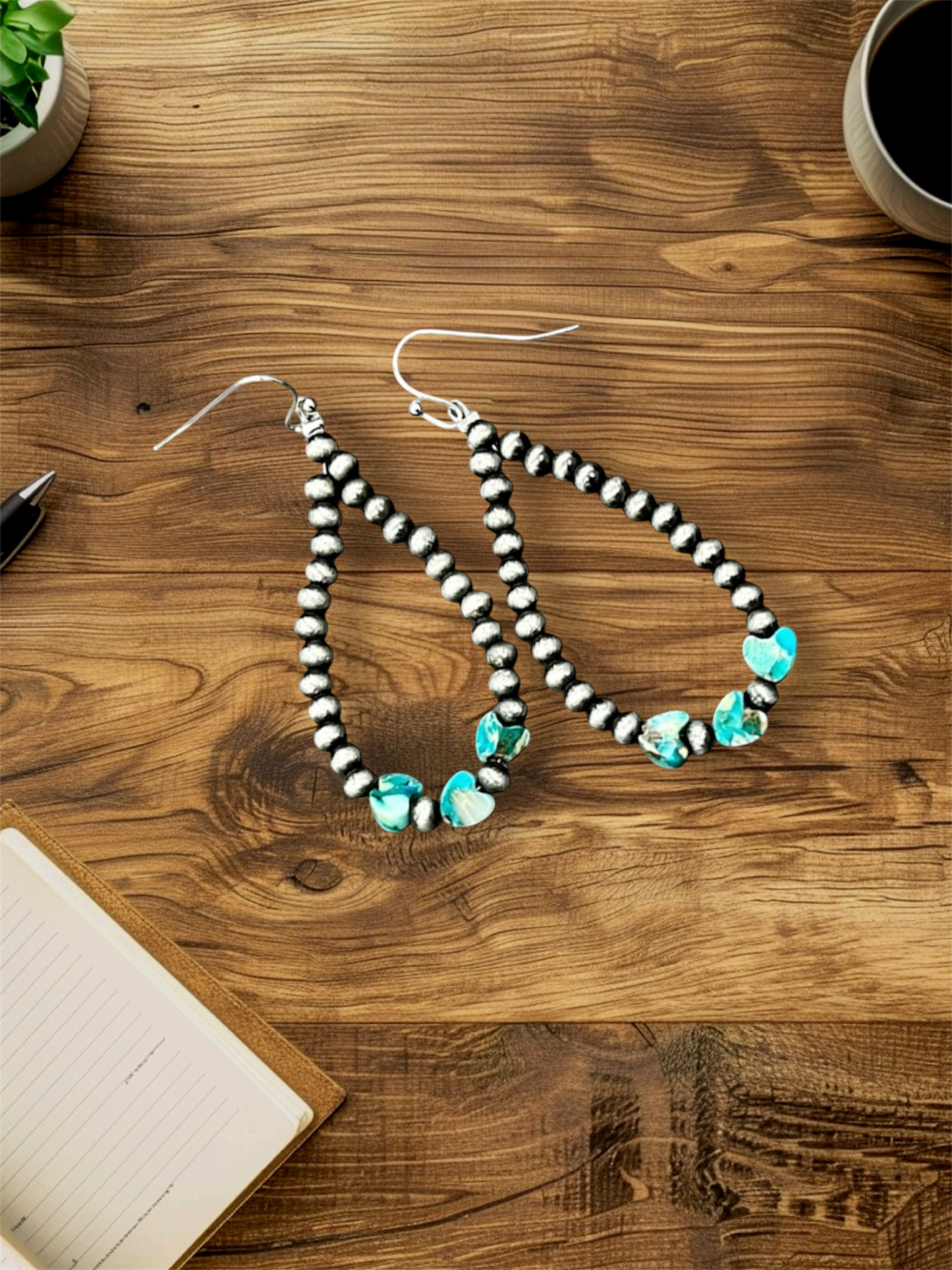 2" Long, Handmade 6mm Heart Gemstone & Navajo Bead Earrings – Lightweight, Western Style, Hypoallergenic 726193