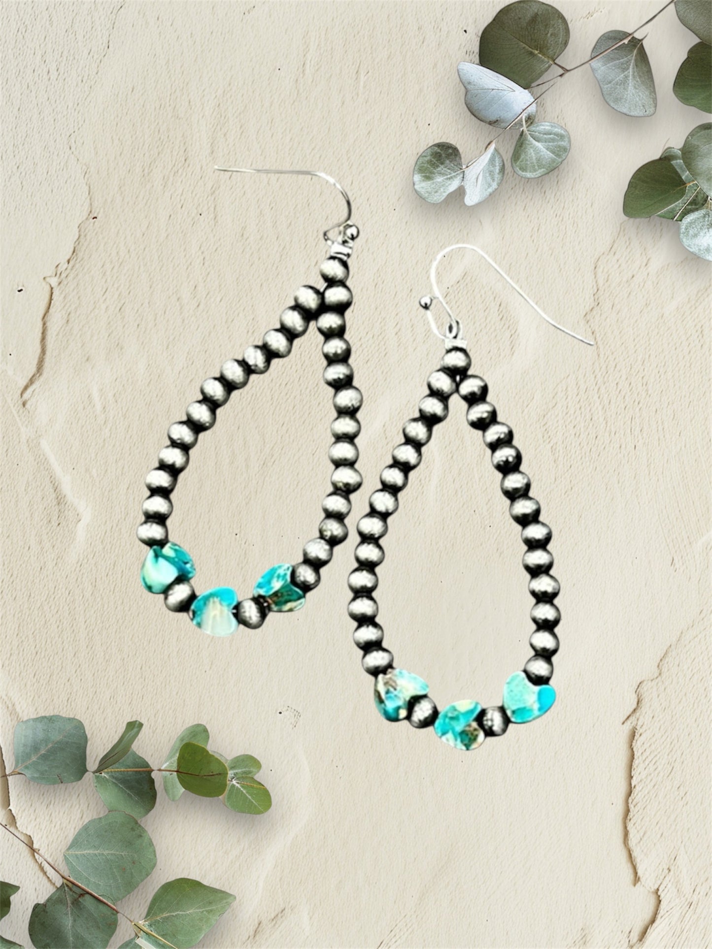 2" Long, Handmade 6mm Heart Gemstone & Navajo Bead Earrings – Lightweight, Western Style, Hypoallergenic 726193