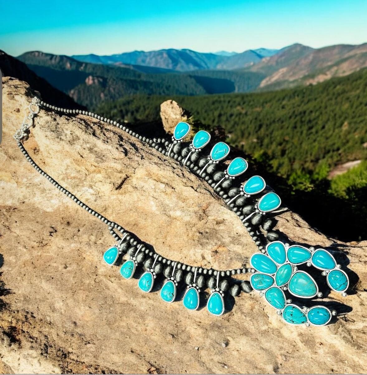 30" Handmade Full Squash Blossom Turquoise Necklace – 4mm 6mm Navajo Beads, 3.5" Pendant, Western Cowgirl Jewelry, Antique Silver Plate 731707