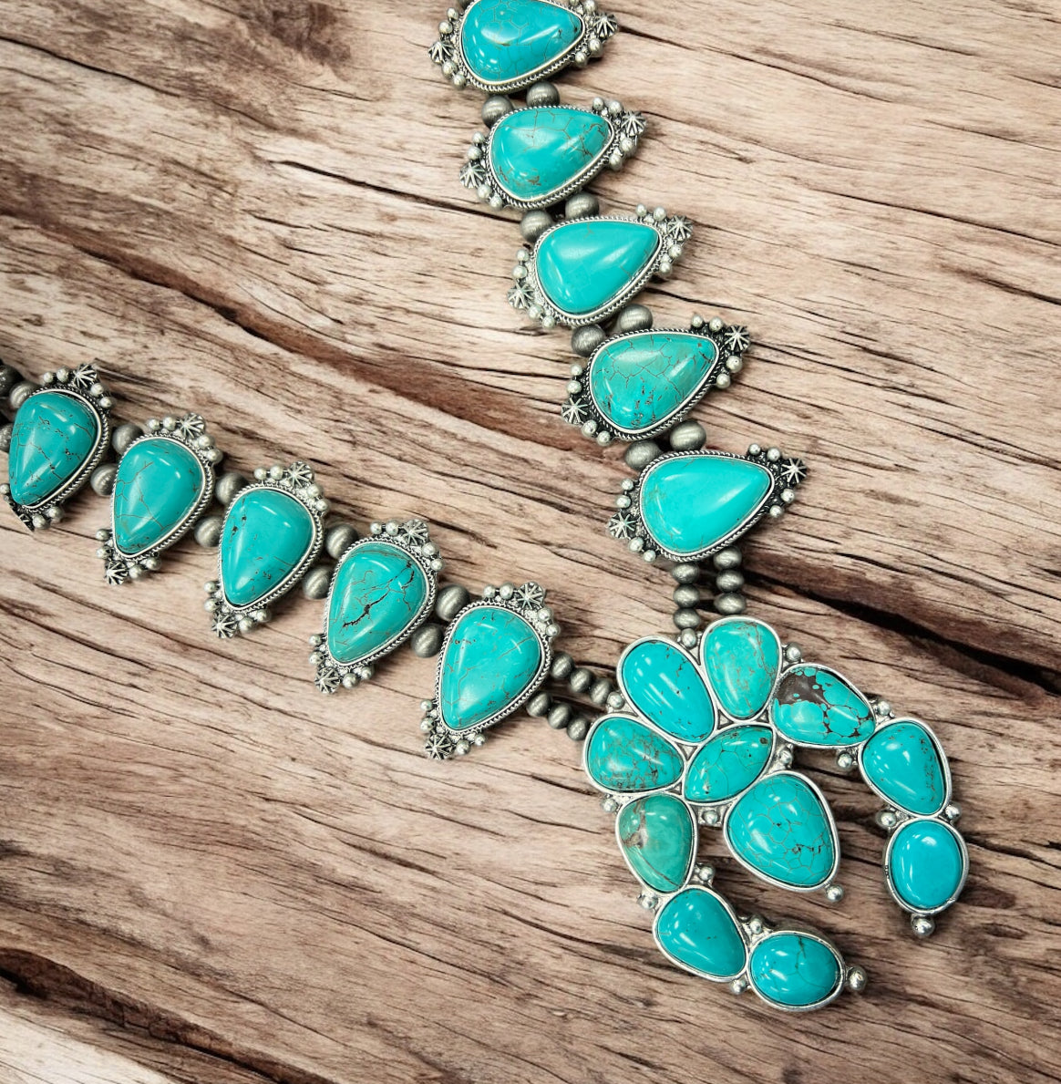 32" Handmade Very-Big Squash Blossom Turquoise Necklace – 6mm 8mm Navajo Beads, 3.5" Pendant, Western Cowgirl Jewelry, Antique Silver Plate 731725