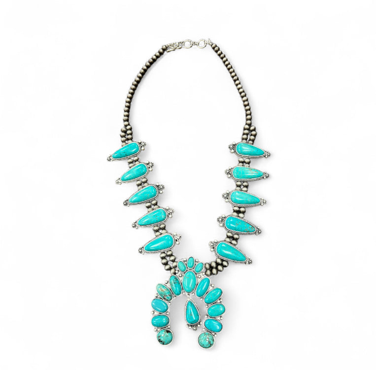 30" Handmade Very-Big Squash Blossom Turquoise Necklace – Navajo Bead 6mm 8mm, 4" Pendant, Western Cowgirl Jewelry, Antique Silver Plate 731751