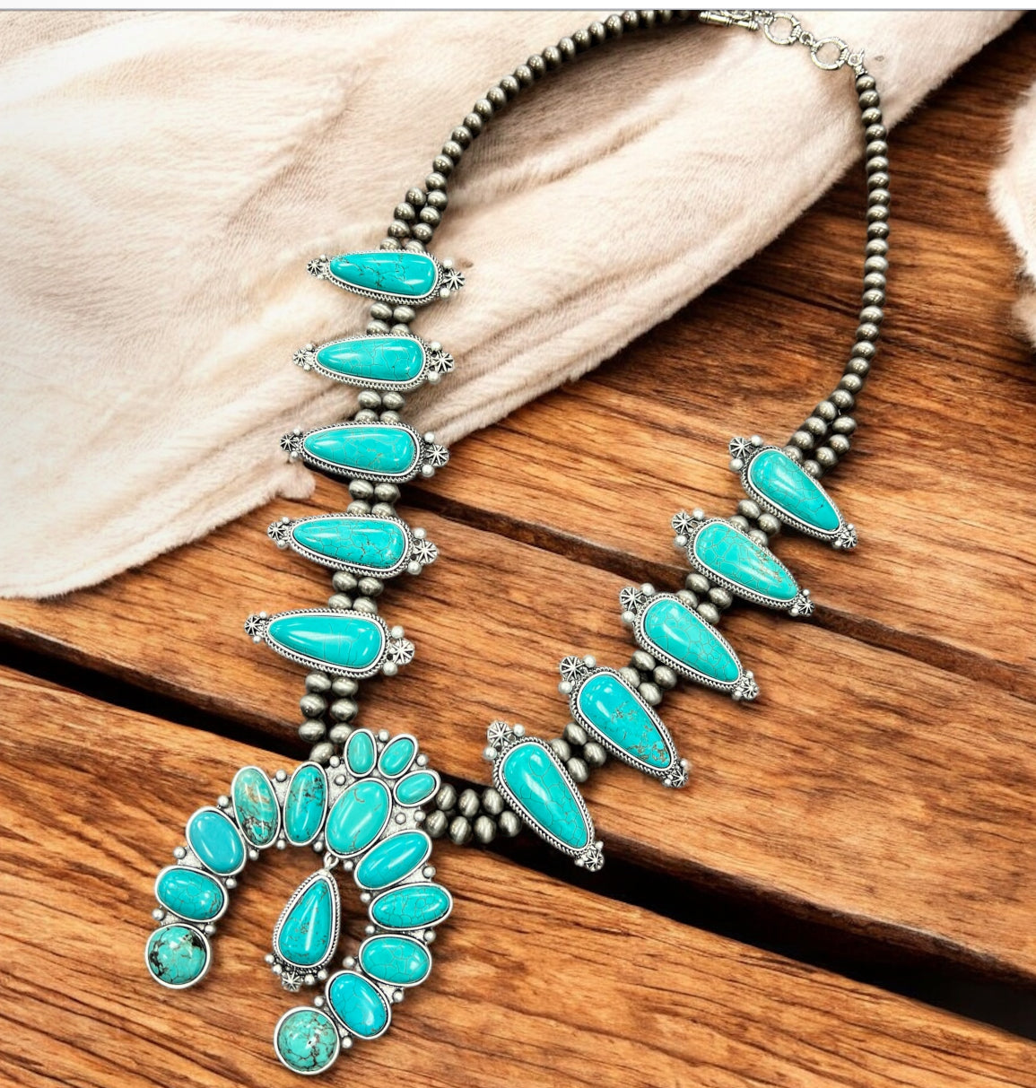 30" Handmade Very-Big Squash Blossom Turquoise Necklace – Navajo Bead 6mm 8mm, 4" Pendant, Western Cowgirl Jewelry, Antique Silver Plate 731751