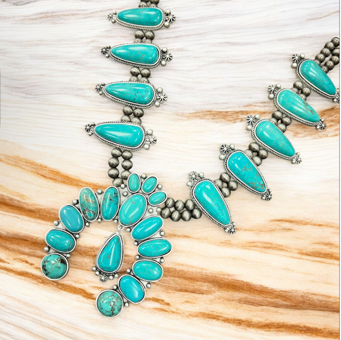30" Handmade Very-Big Squash Blossom Turquoise Necklace – Navajo Bead 6mm 8mm, 4" Pendant, Western Cowgirl Jewelry, Antique Silver Plate 731751