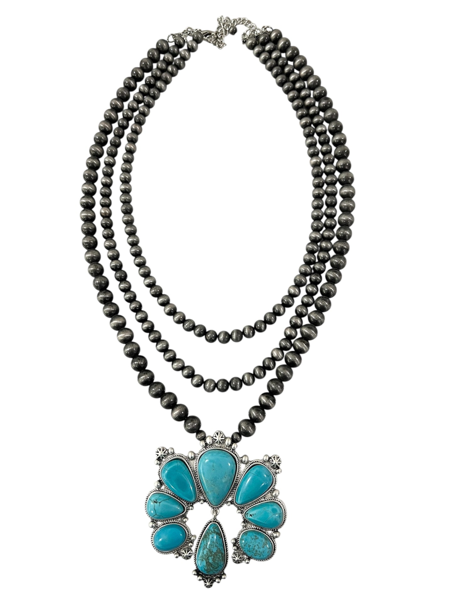 26" Handmade 3-Strand Navajo Pearl Necklace with Squash Blossom Turquoise Pendant – 8mm 10mm Beads, Antique Silver Plate, Western Cowgirl Jewelry 731821