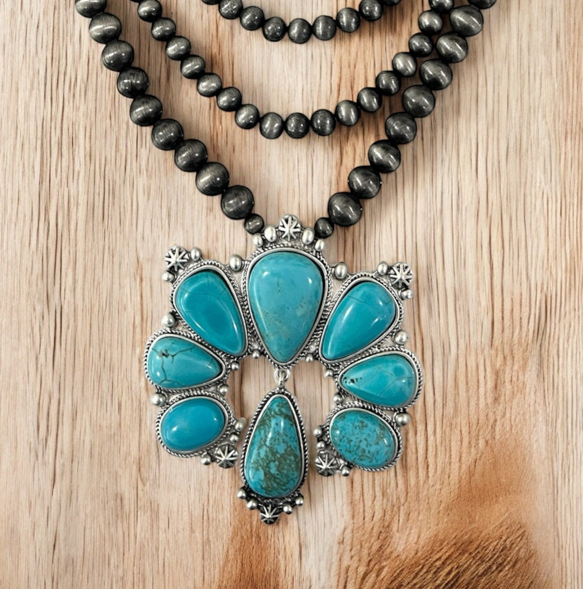 26" Handmade 3-Strand Navajo Pearl Necklace with Squash Blossom Turquoise Pendant – 8mm 10mm Beads, Antique Silver Plate, Western Cowgirl Jewelry 731821