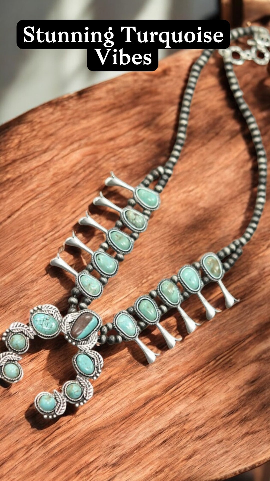 24" Long, Full Squash Blossom Turquoise Necklace, 6mm Navajo Pearl Beads, Western Boho Cowgirl Jewelry 732405