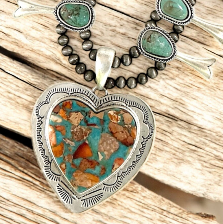 32" Long Handmade Full Squash Blossom Turquoise Necklace – Heart Pendant 732530-1