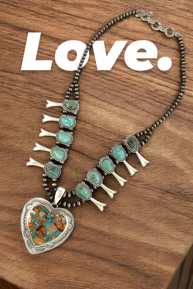 32" Long Handmade Full Squash Blossom Turquoise Necklace – Heart Pendant 732530-1