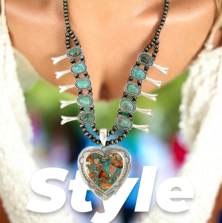 32" Long Handmade Full Squash Blossom Turquoise Necklace – Heart Pendant 732530-1