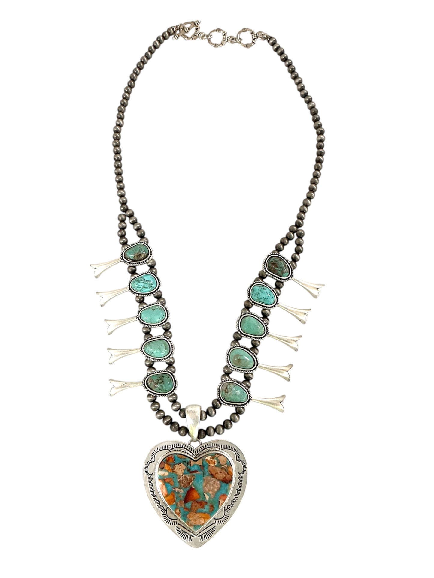 32" Long Handmade Full Squash Blossom Turquoise Necklace – Heart Pendant 732530-1