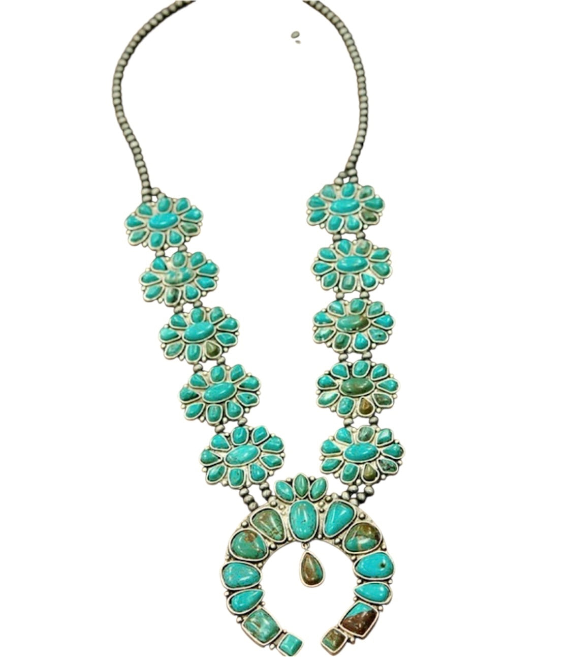 32" Long Handmade Full Squash Blossom Turquoise Necklace 732541