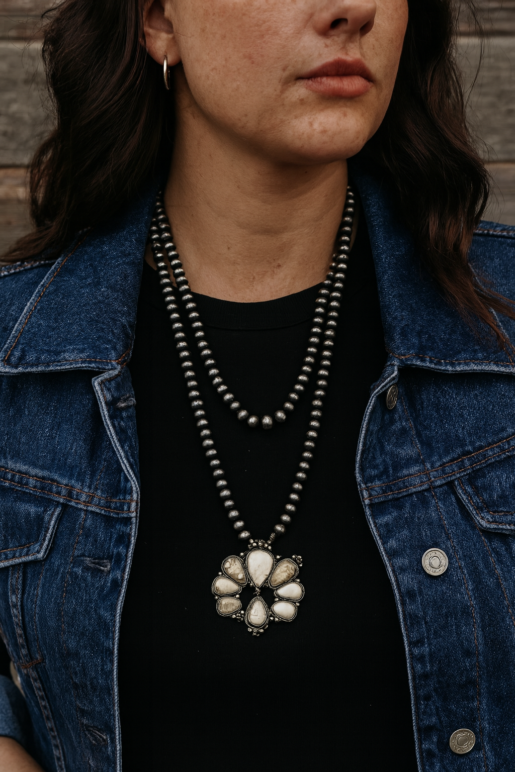 30" Long, 2-Strand Navajo Pearl Necklace with Large White Turquoise Pendant – 14 mm & 10 mm Beads, Antique Silver Plate 733265