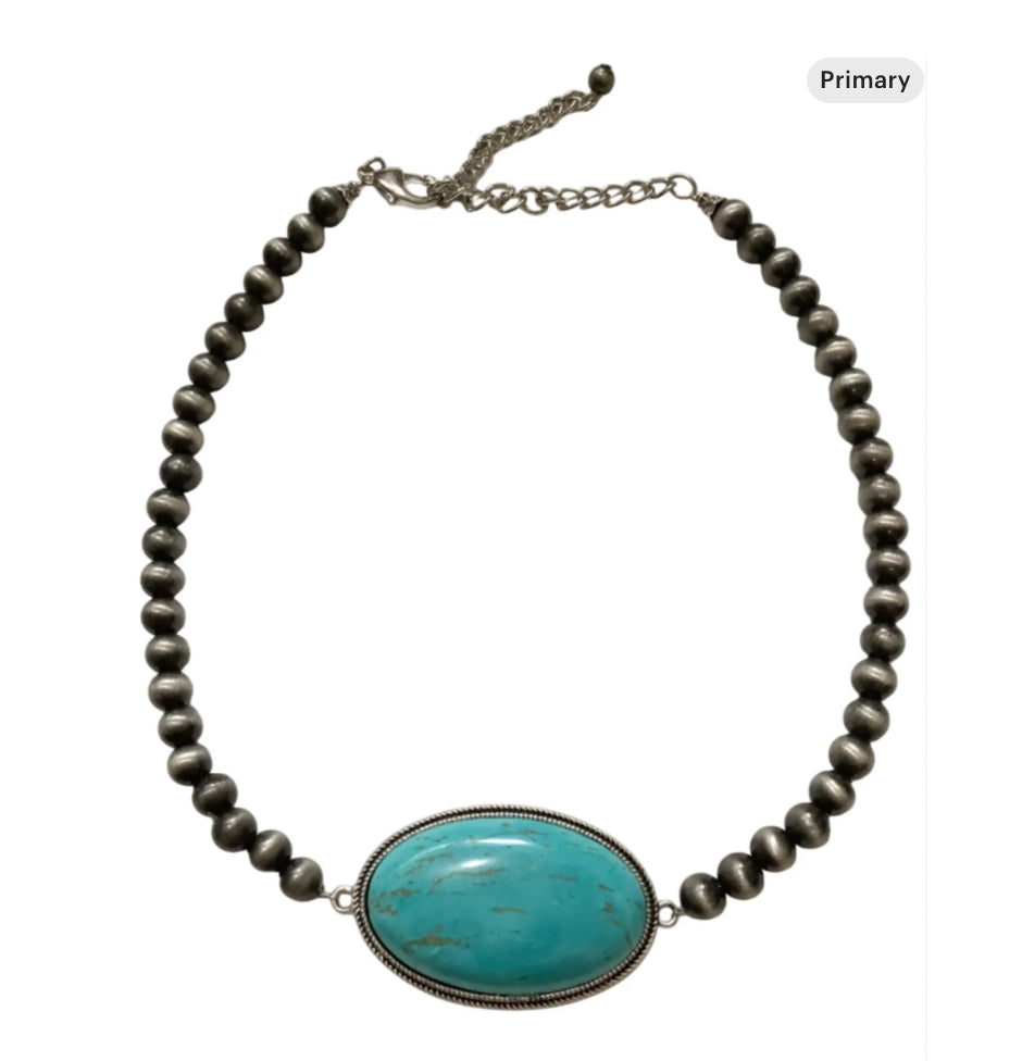 15" to 20" Long, Handmade 8mm Navajo Bead Necklace with Oval Turquoise Pendant 734337