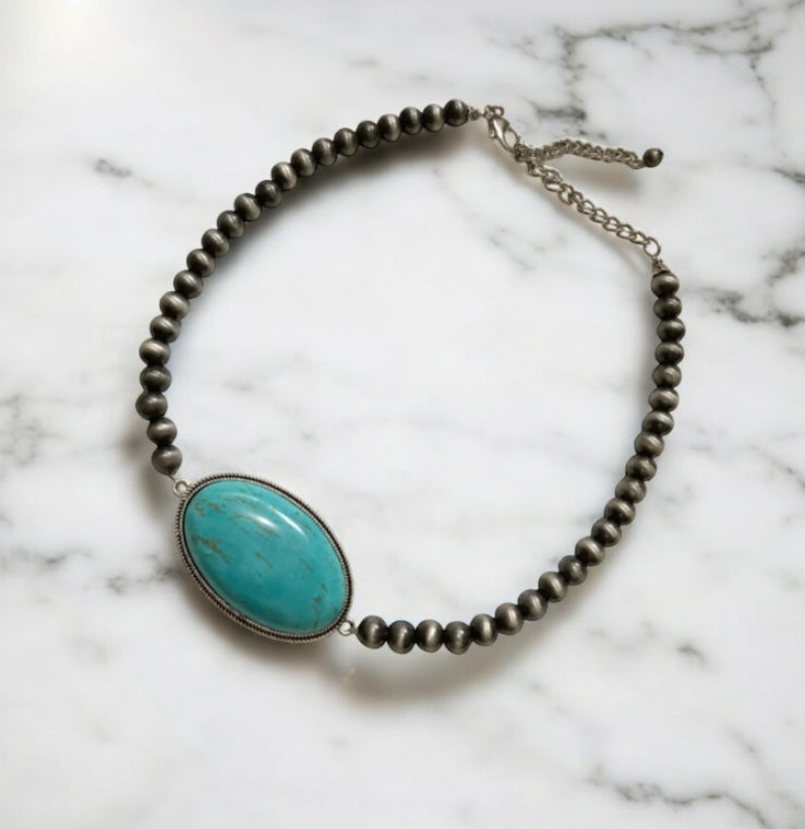 15" to 20" Long, Handmade 8mm Navajo Bead Necklace with Oval Turquoise Pendant 734337