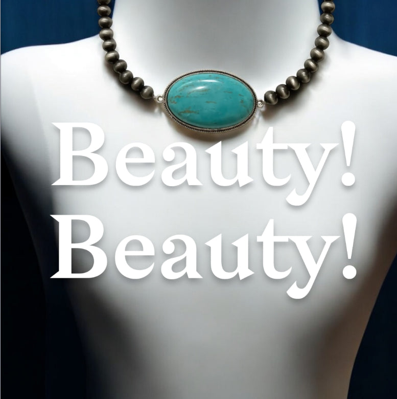 15" to 20" Long, Handmade 8mm Navajo Bead Necklace with Oval Turquoise Pendant 734337