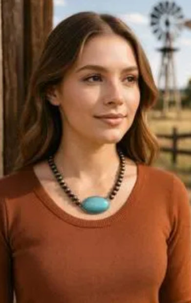 15" to 20" Long, Handmade 8mm Navajo Bead Necklace with Oval Turquoise Pendant 734337