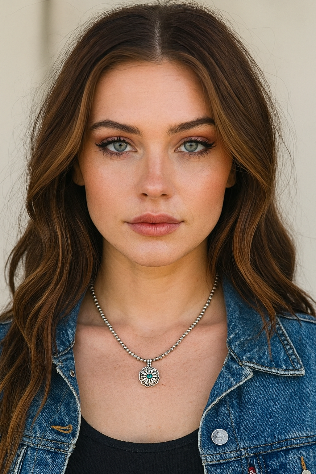 15" to 20" Long, Tiny 4mm Silver Navajo Bead Necklace with Brass Concho Turquoise Pendant – Handmade, Lightweight, Western Style 737205