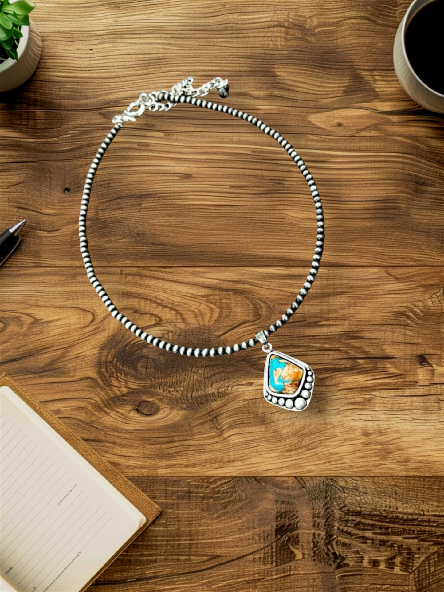 15" to 20" Long, Tiny 4mm Navajo Bead Necklace with 1.2" Navajo Gemstone Pendant – Handmade, Lightweight, Western Jewelry 737422