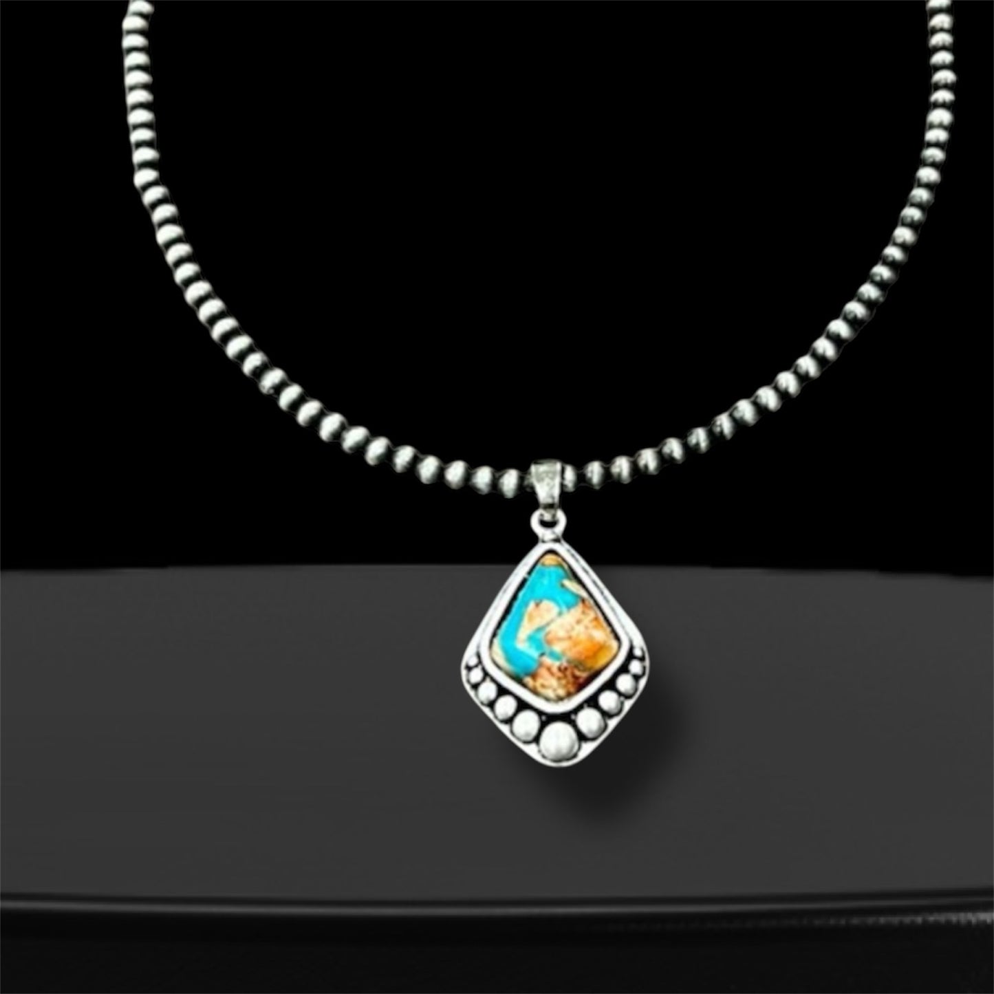 15" to 20" Long, Tiny 4mm Navajo Bead Necklace with 1.2" Navajo Gemstone Pendant – Handmade, Lightweight, Western Jewelry 737422