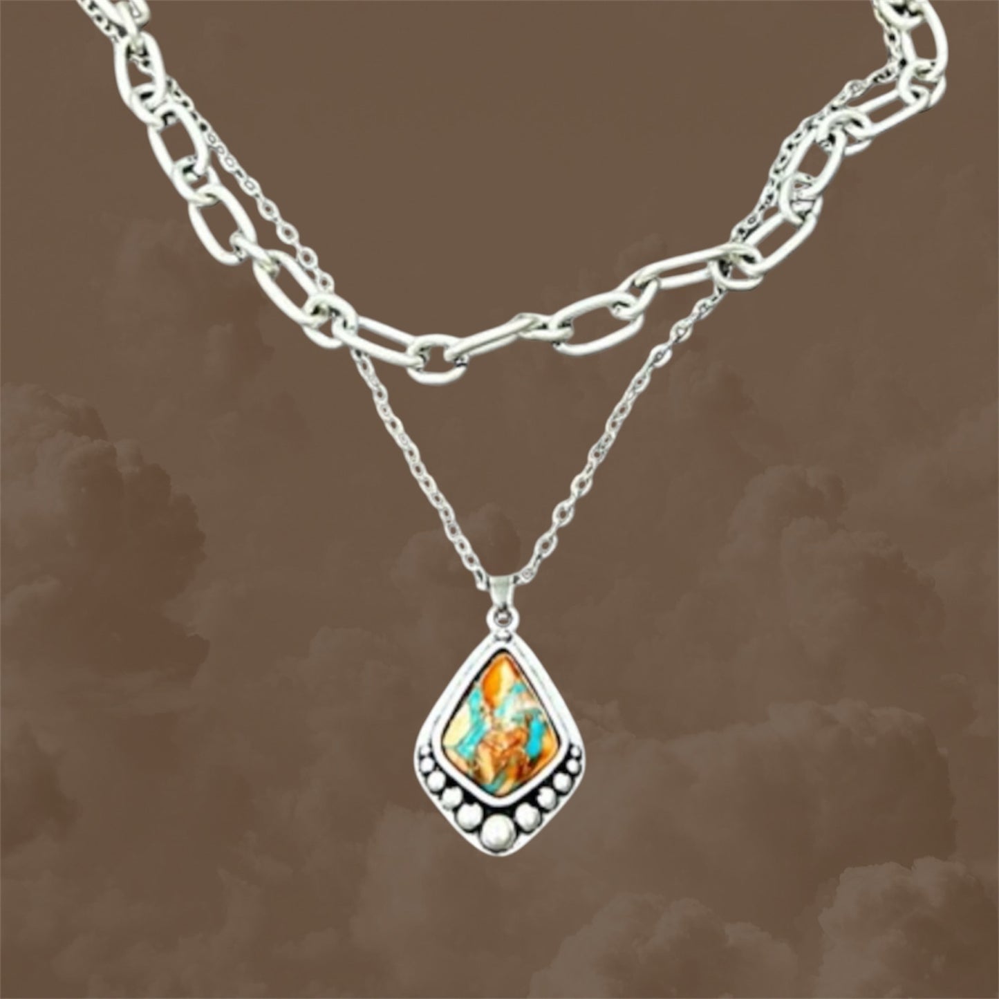 16" to 21" Long, 2-Strand Gemstone Necklace – Layered Chains with 1.2" Pendant, Western Jewelry, Hypoallergenic 737429