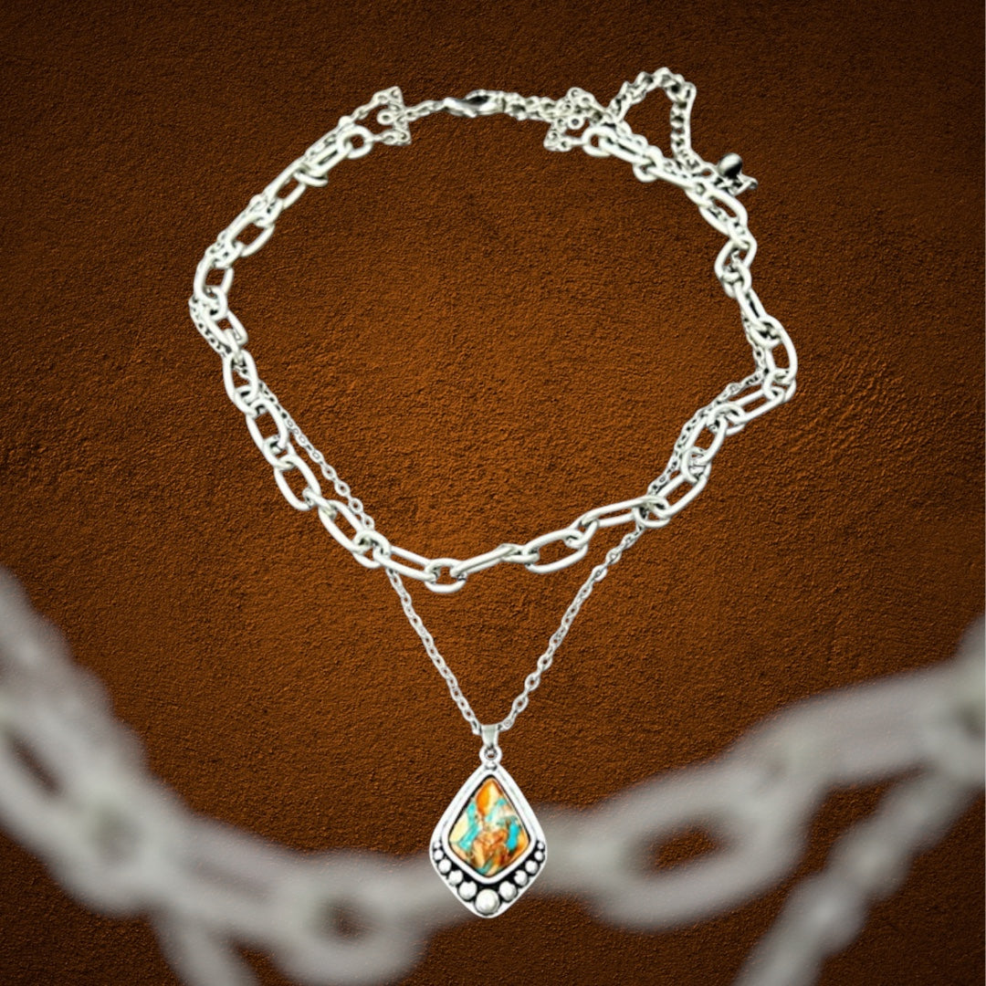 16" to 21" Long, 2-Strand Gemstone Necklace – Layered Chains with 1.2" Pendant, Western Jewelry, Hypoallergenic 737429