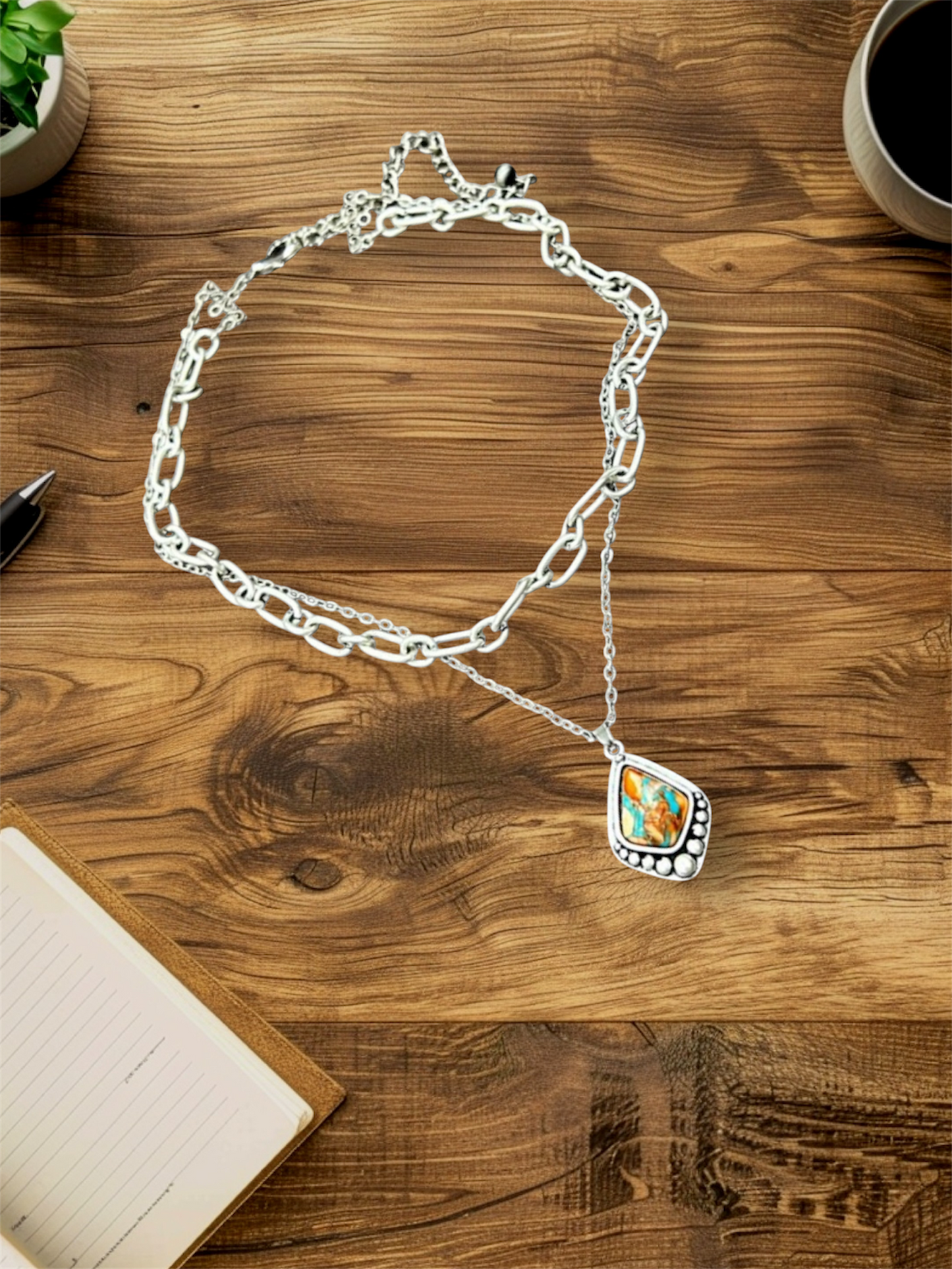 16" to 21" Long, 2-Strand Gemstone Necklace – Layered Chains with 1.2" Pendant, Western Jewelry, Hypoallergenic 737429