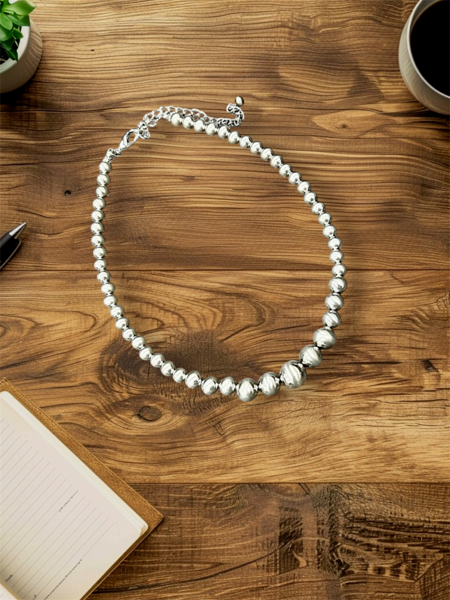 Big! Graduated Silver Navajo Bead Necklace, 16"-21" Adjustable, 8mm–14mm Beads, Handmade Western Statement Jewelry 739284
