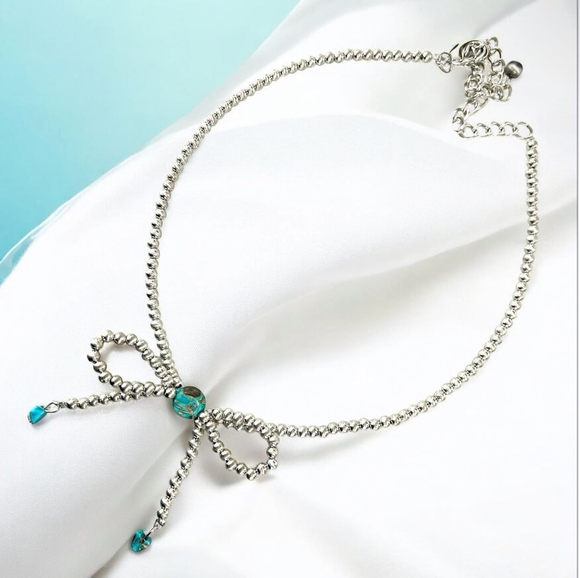 Handmade Bow Tiny 4mm Silver Navajo Bead & Gemstone Necklace, Adjustable 15"-20", 10mm Rondelle & 6mm Heart Gemstones, Nickel Free 739539